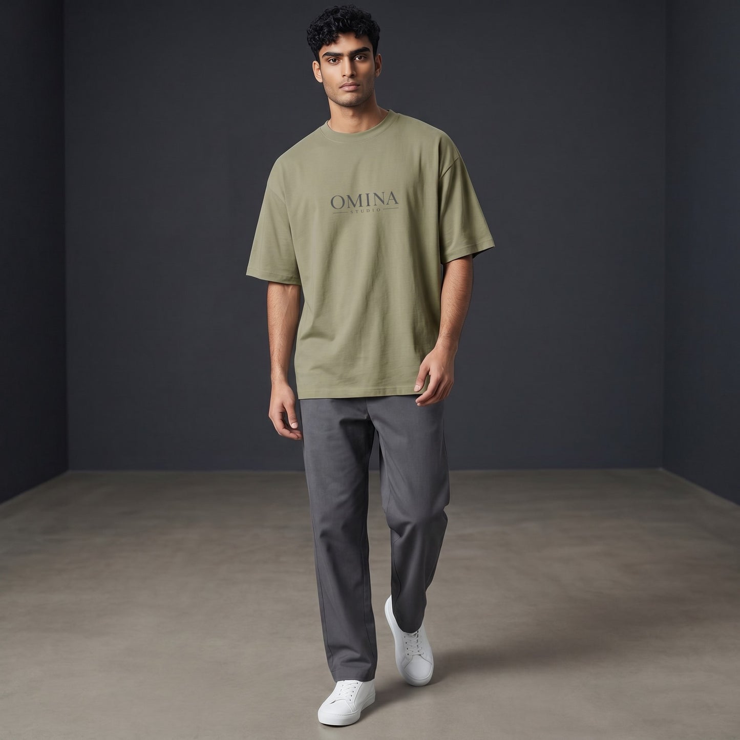 Omina Studio oversized fit crew neck t-shirt in light olive green, made from 100% double yarn cotton.