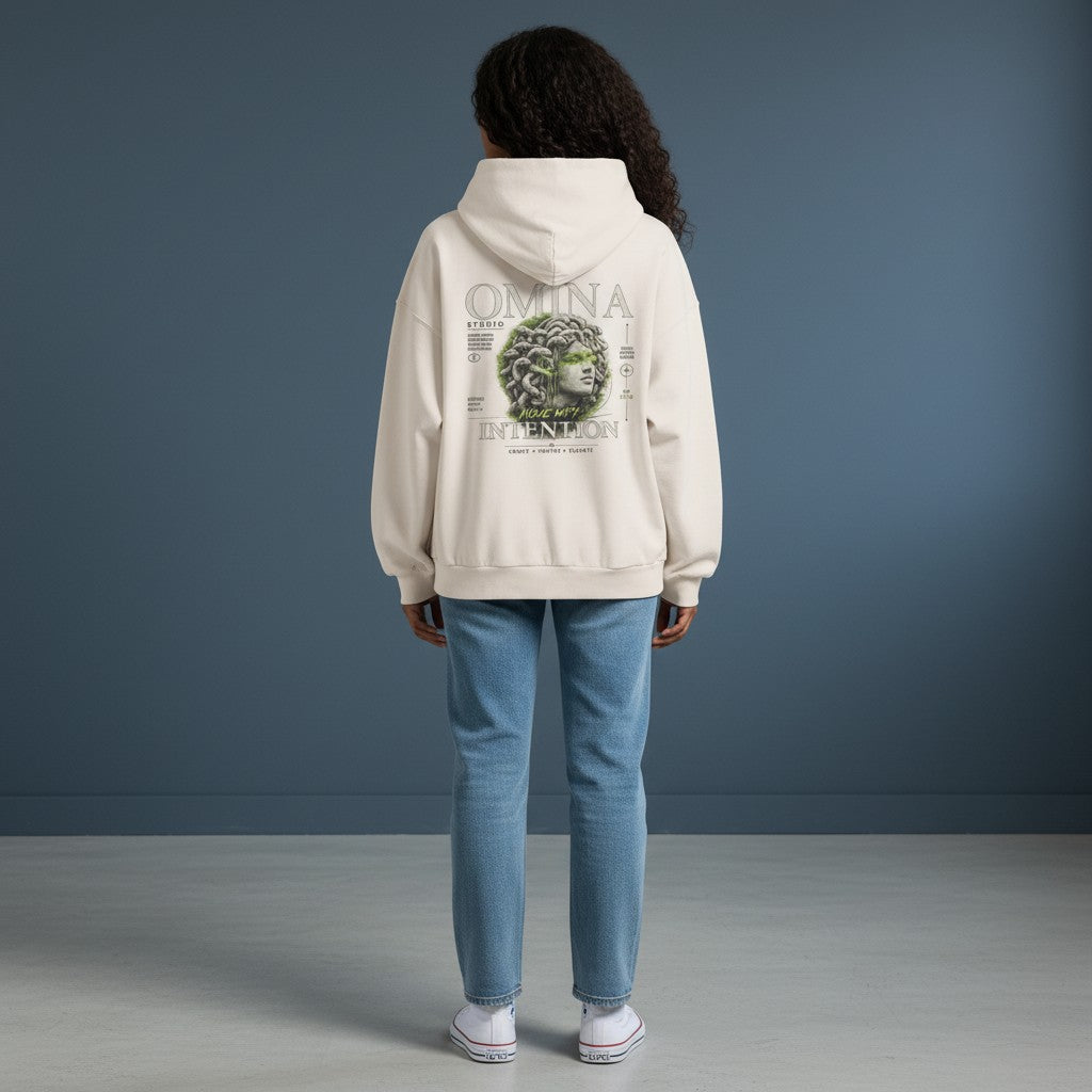 Omina Studio oversized cream cotton hoodie with distressed details and Medusa graphic. Boxy fit, drop shoulders.