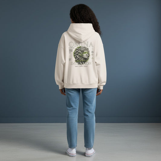 Omina Studio oversized cream cotton hoodie with distressed details and Medusa graphic. Boxy fit, drop shoulders.