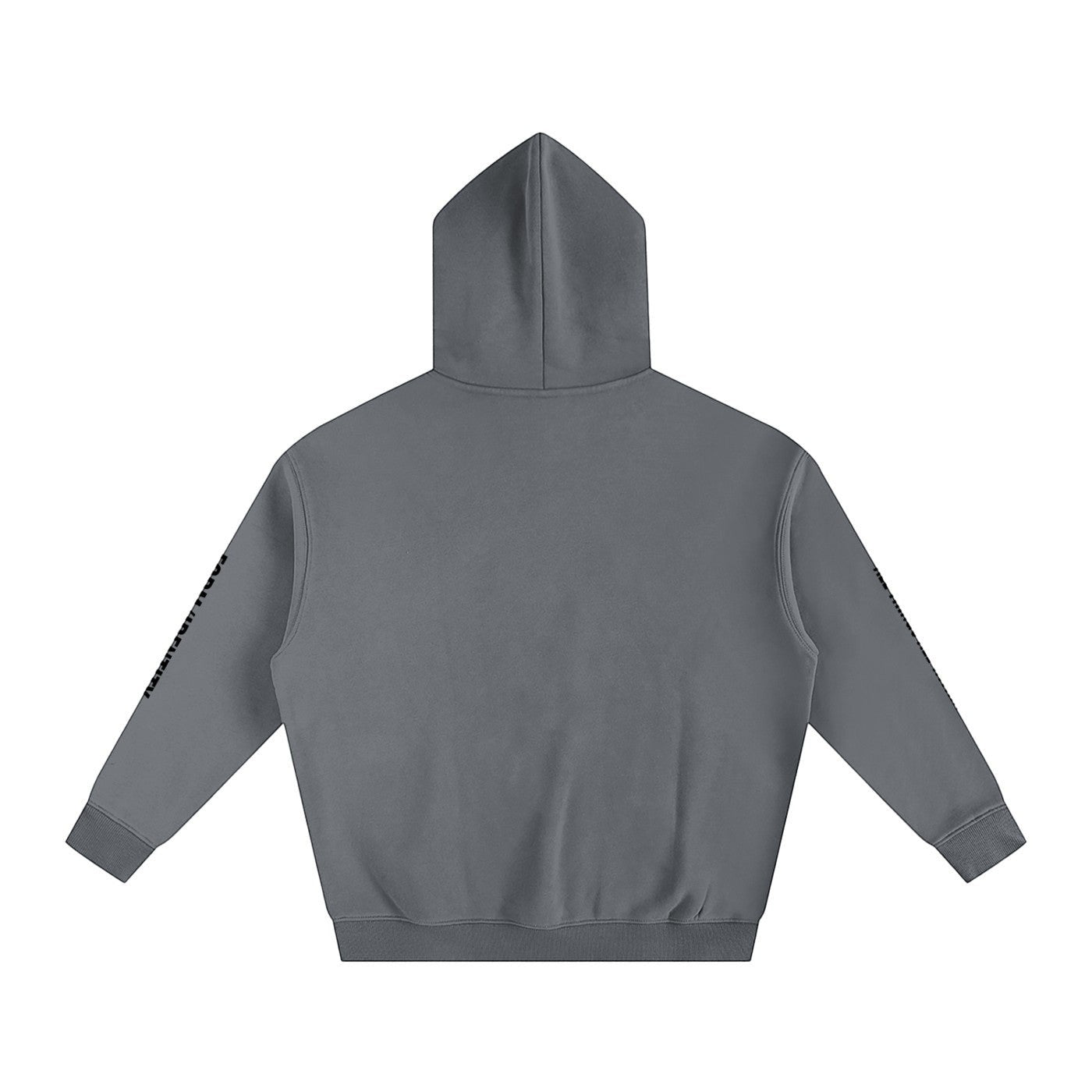 Omina Studio charcoal grey oversized fleeced hoodie with 'FORM / IDENTITY' text on the left sleeve.