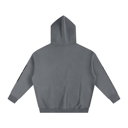 Omina Studio charcoal grey oversized fleeced hoodie with 'FORM / IDENTITY' text on the left sleeve.