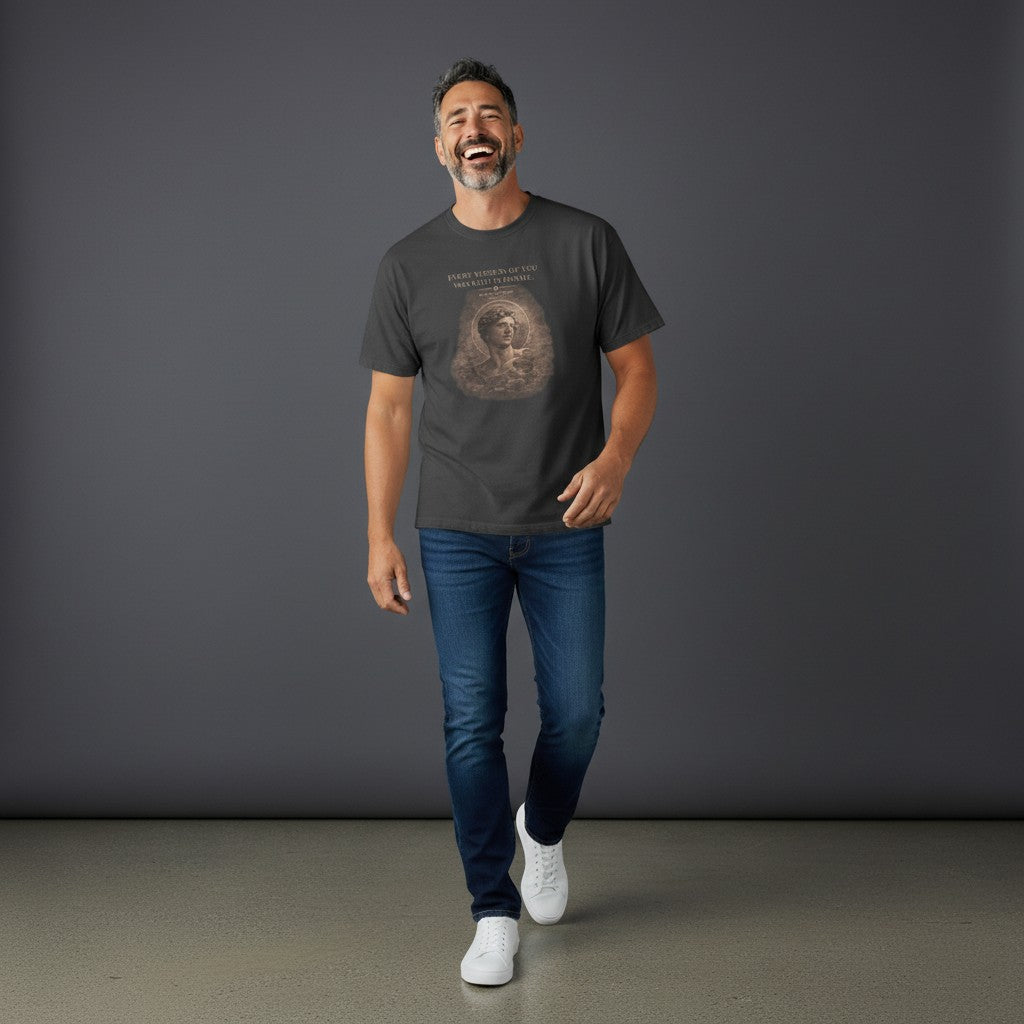 Omina Studio charcoal grey 100% combed cotton oversized t-shirt with raw hem and graphic print of a statue.