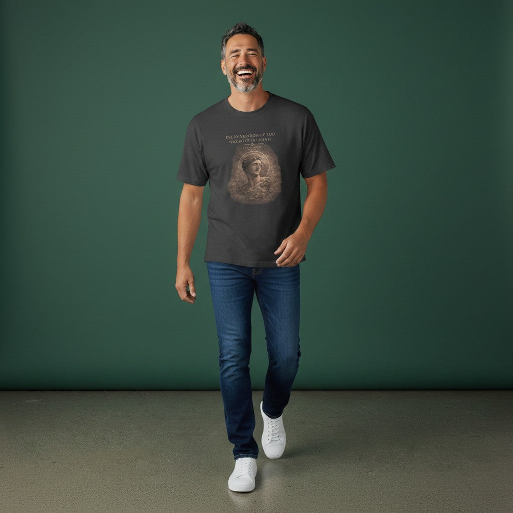 Omina Studio charcoal grey 100% combed cotton oversized t-shirt with raw hem, crew neck, and graphic print of a statue with text.