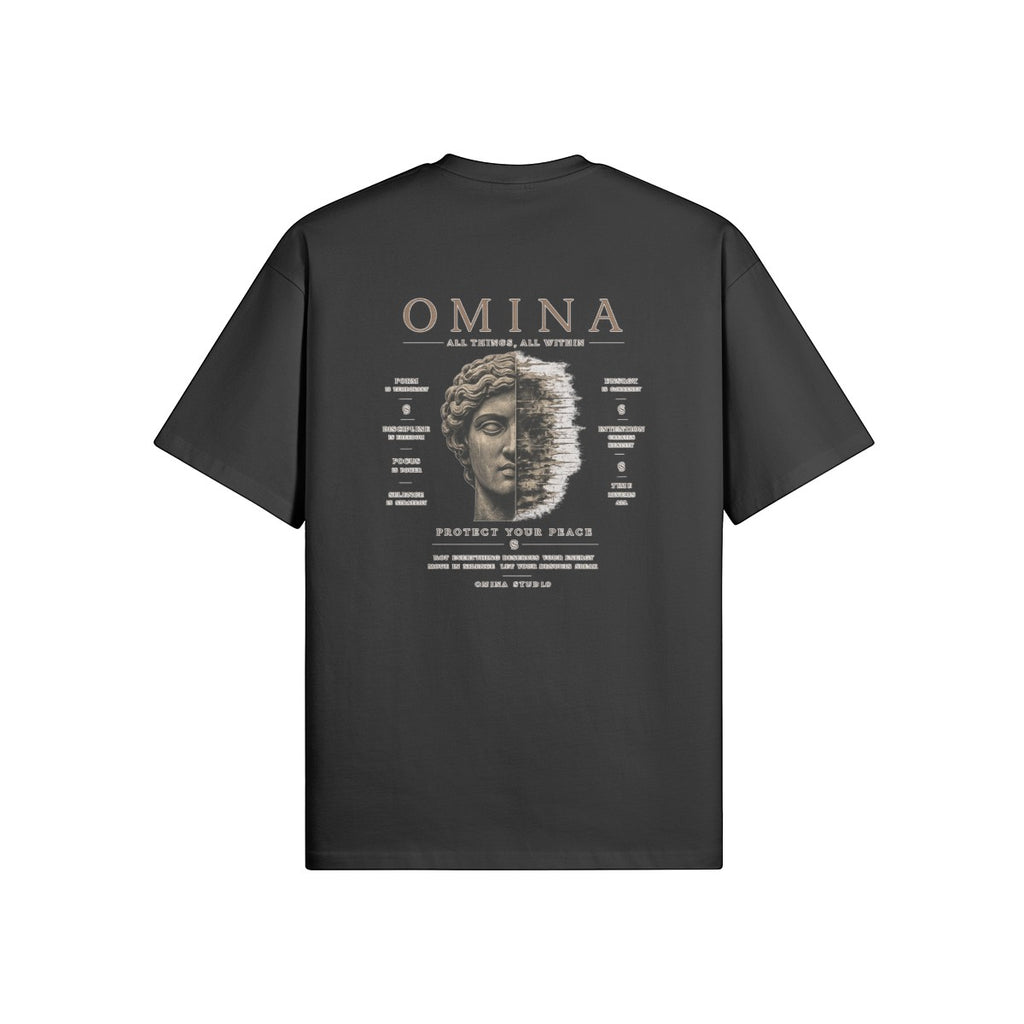 OMINA Studio dark grey cotton t-shirt with a split graphic of a classical bust and text reading "PROTECT YOUR PEACE"