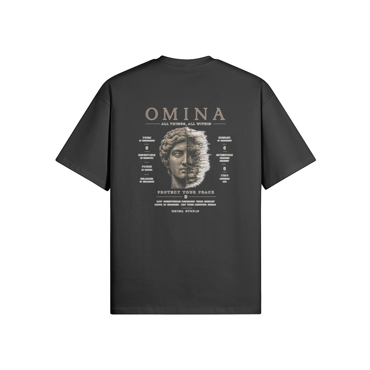 OMINA Studio dark grey cotton t-shirt with a split graphic of a classical bust and text reading "PROTECT YOUR PEACE"