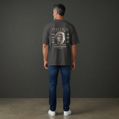 OMINA Studio dark grey heavyweight cotton t-shirt with 'Protect Your Peace' graphic on back.