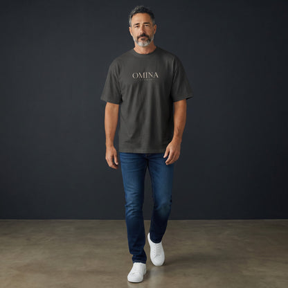 Omina Studio black heavyweight cotton t-shirt with minimalist chest logo and oversized "Protect Your Peace" back print.