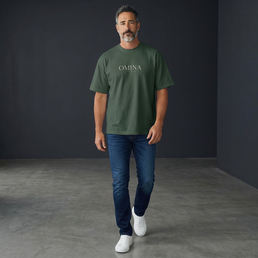 Omina Studio dark green heavyweight cotton t-shirt with minimalist chest logo and oversized back print.