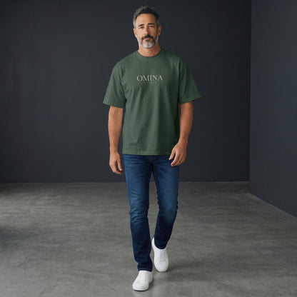 Omina Studio dark green heavyweight cotton t-shirt with minimalist chest logo and oversized back print.