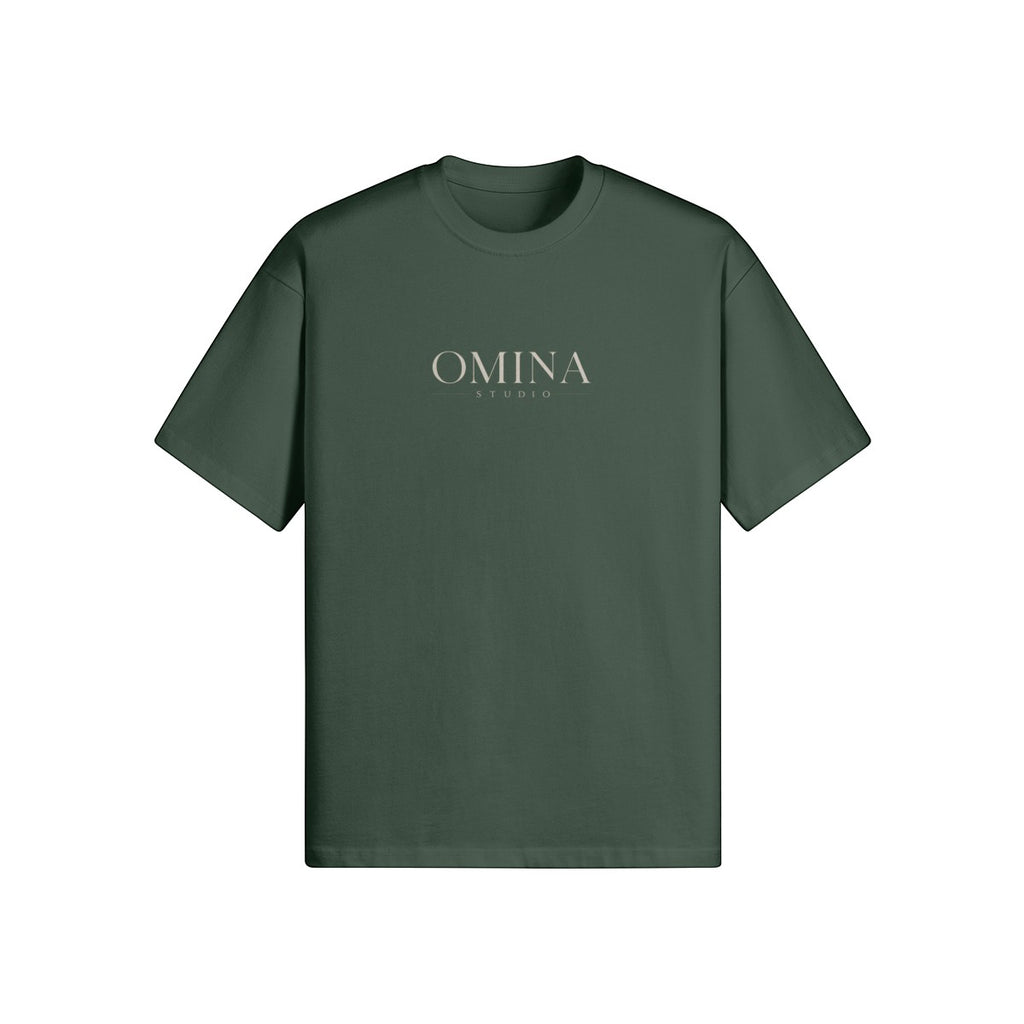 Omina Studio dark green cotton t-shirt with minimalist chest logo and oversized back print.