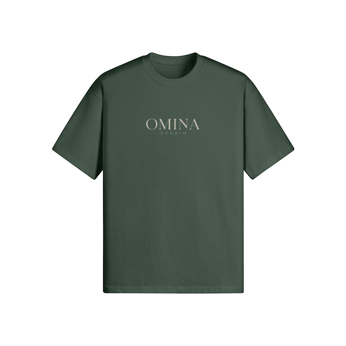 Omina Studio dark green cotton t-shirt with minimalist chest logo and oversized back print.