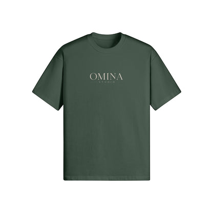 Omina Studio dark green cotton t-shirt with minimalist chest logo and oversized back print.