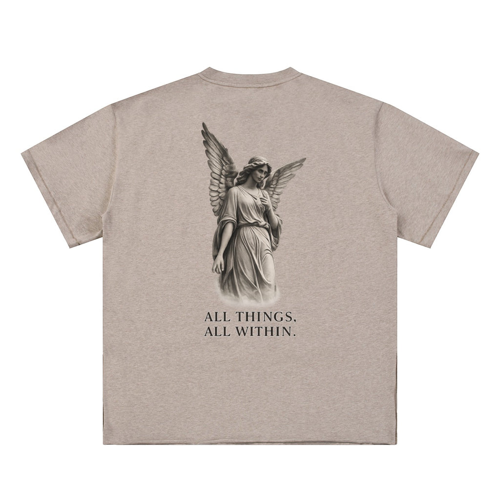 OMINA Studio beige essential cotton t-shirt with a graphic of an angel and the text "ALL THINGS, ALL WITHIN."
