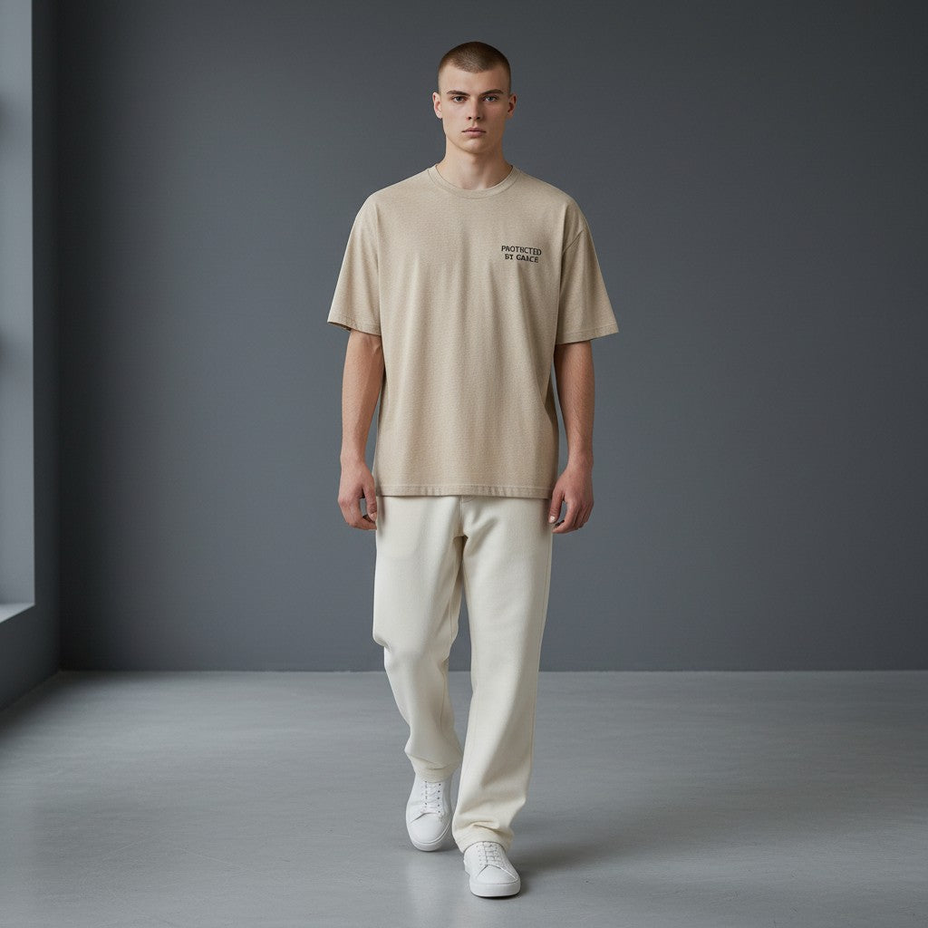 OMINA Studio beige heathered cotton t-shirt with "PROTECTED BY GRACE" text on the left chest.