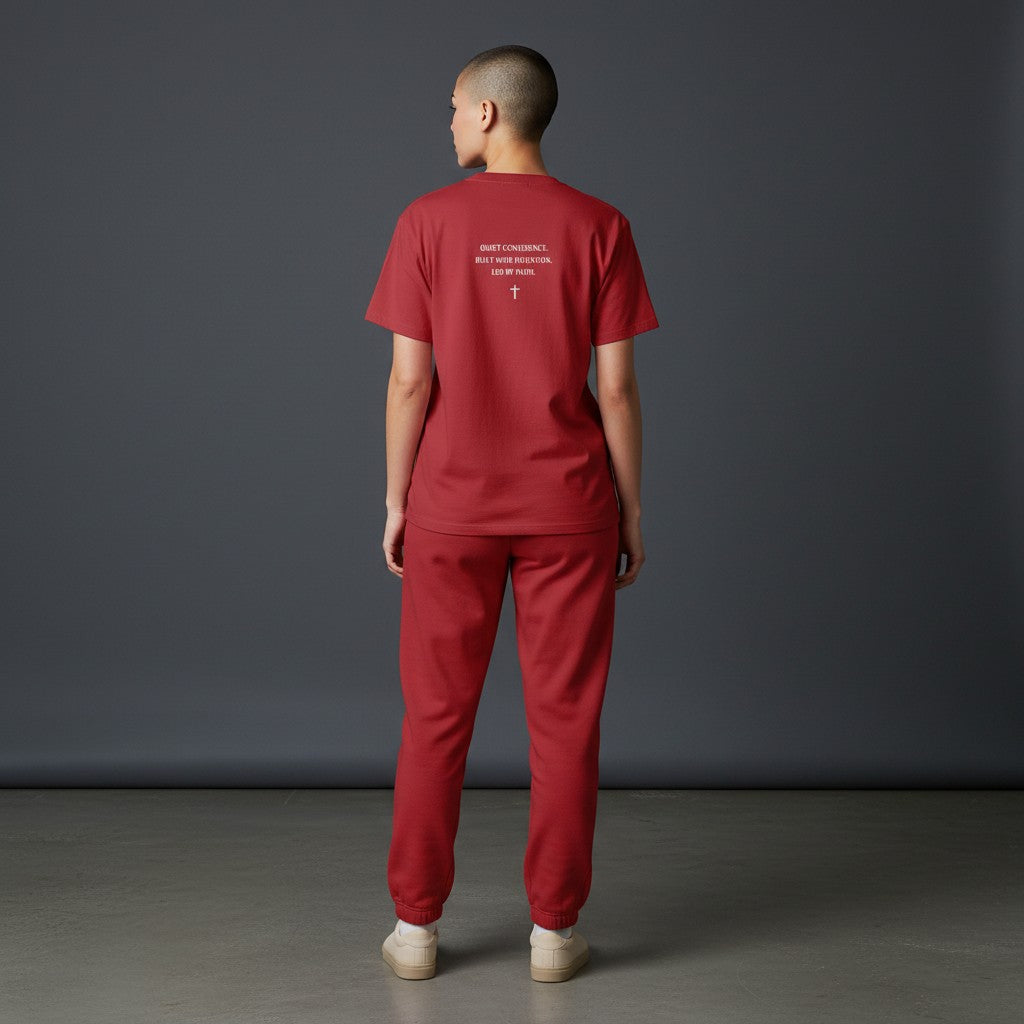 Omina Studio red 100% cotton crew neck t-shirt with "God > Fear" text and cross graphic.
