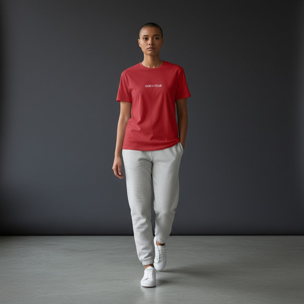 Omina Studio red cotton crew neck t-shirt with "God > Fear" graphic. Slim fit, cropped silhouette.