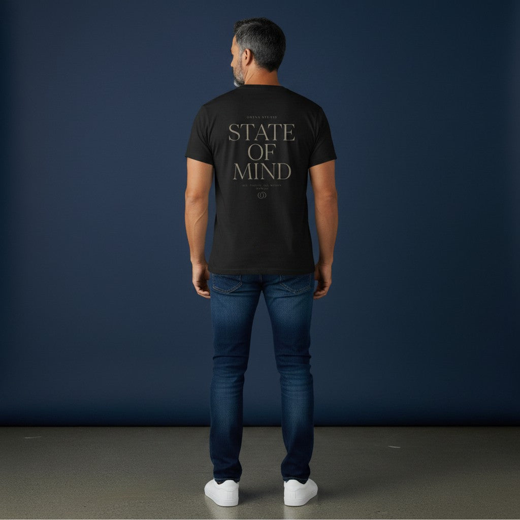 OMINA Studio black quick dry t-shirt with "State Of Mind" graphic print on back.