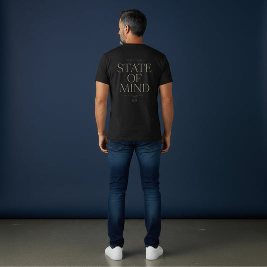 OMINA Studio black quick dry t-shirt with "State Of Mind" graphic print on back.
