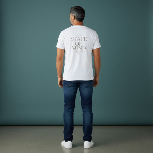 Omina Studio white quick-dry t-shirt with "State Of Mind" graphic print on back.