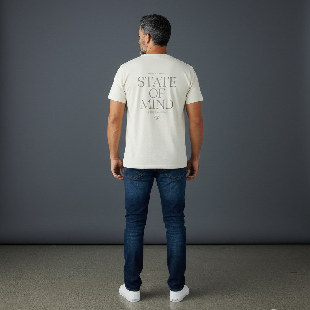 OMINA Studio State Of Mind quick dry t-shirt in light beige with graphic text print on back.