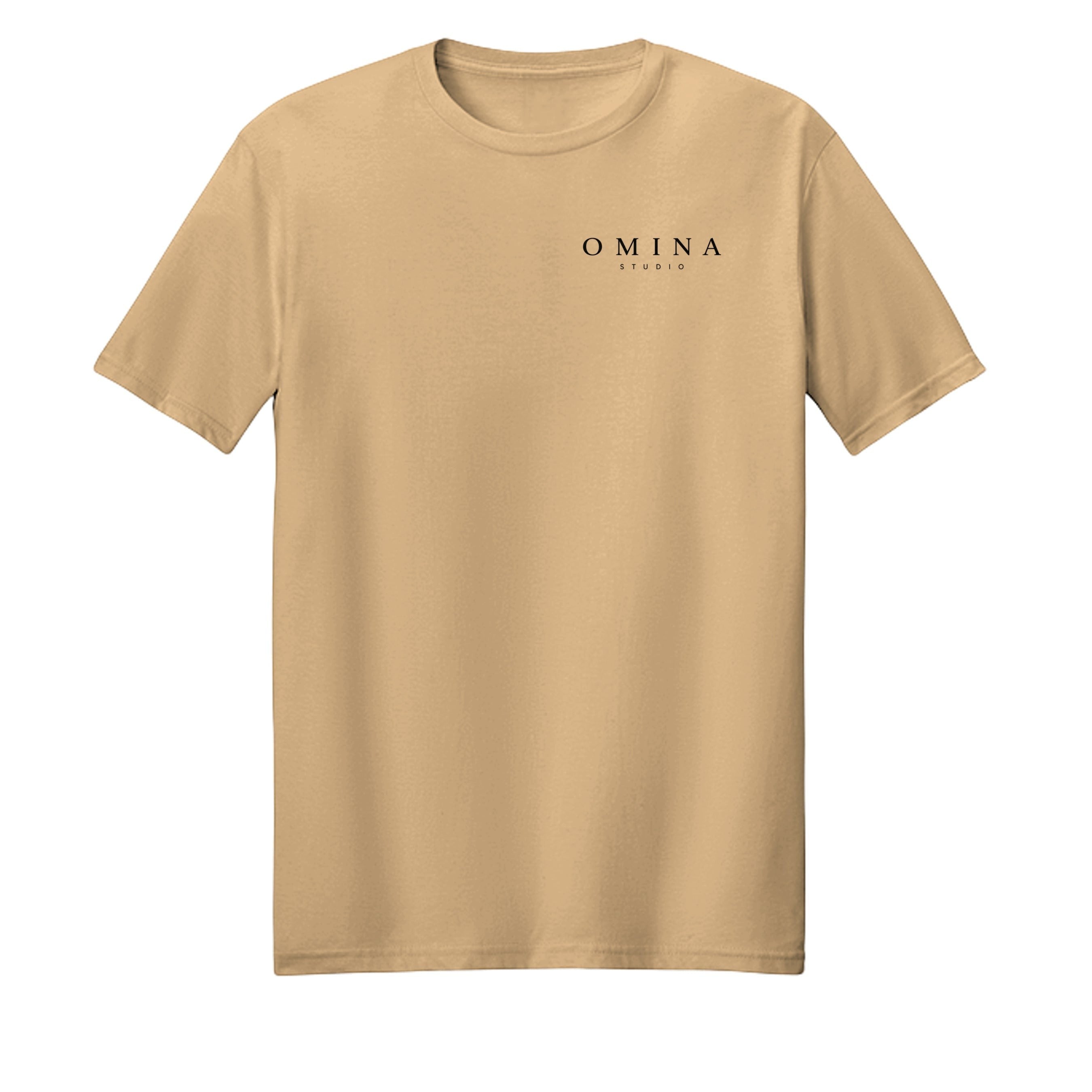 Omina Studio tan heavyweight cotton t-shirt with small black logo on chest. Relaxed fit, vintage aesthetic.