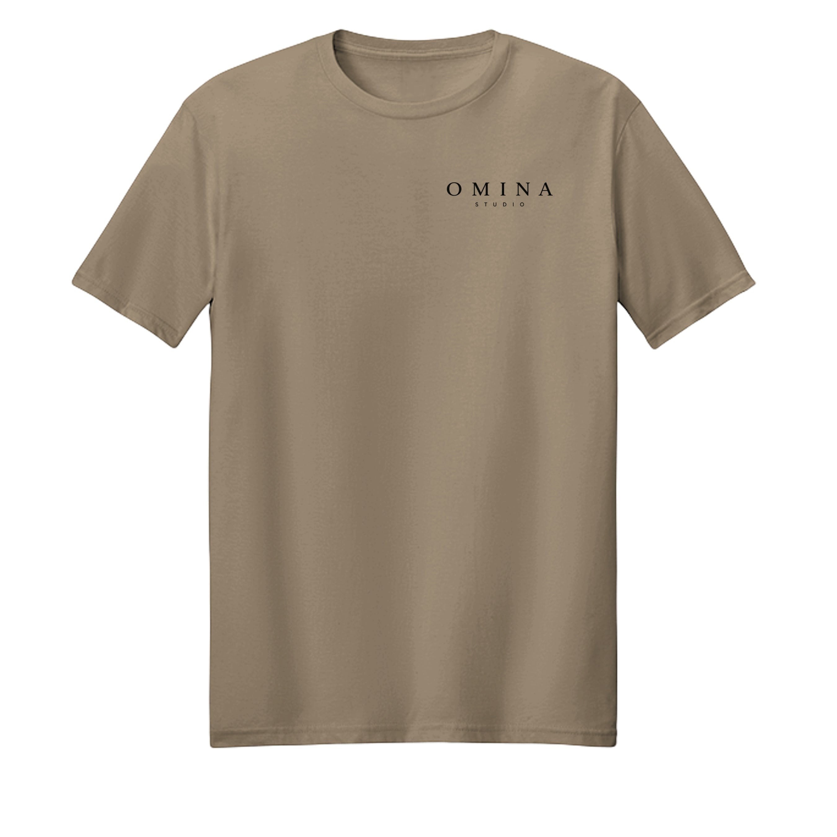Omina Studio tan heavyweight cotton t-shirt with subtle graphic logo on chest. Relaxed fit.