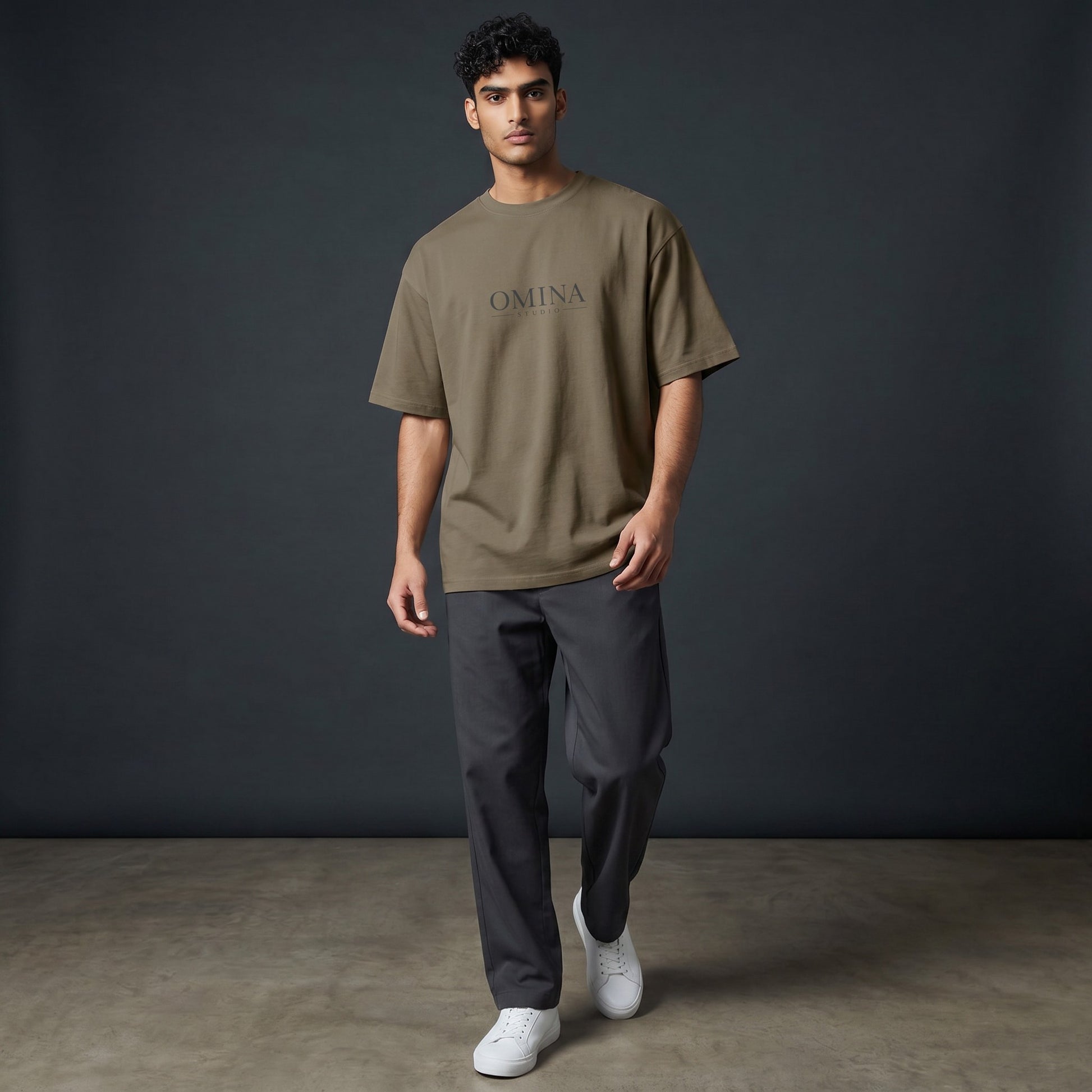 Omina Studio oversized fit crew neck t-shirt in taupe, made from 100% double yarn cotton.