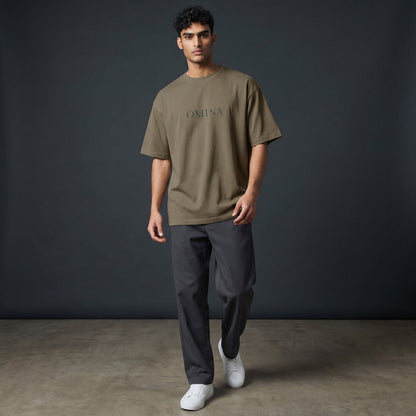 Omina Studio oversized fit crew neck t-shirt in taupe, made from 100% double yarn cotton.