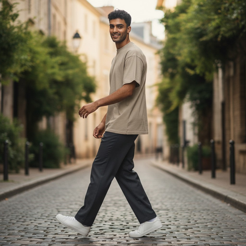 Omina Studio taupe heavyweight cotton t-shirt with relaxed fit and dropped shoulder. Back view.