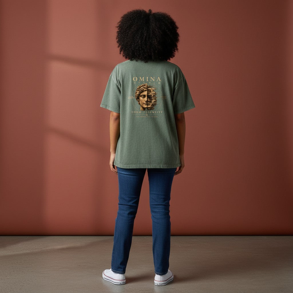 Omina Studio vintage wash boxy t-shirt in olive green cotton with a graphic print of a split Roman bust and text.