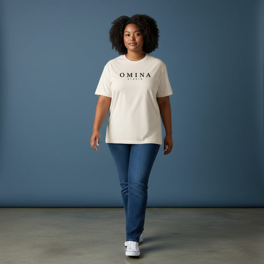 Omina Studio unisex vintage wash boxy fit t-shirt in cream with black Omina Studio logo on the chest.