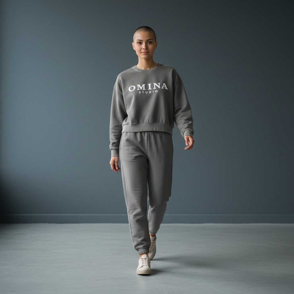OMINA Studio vintage washed grey cropped sweatshirt with oversized fit and white logo.