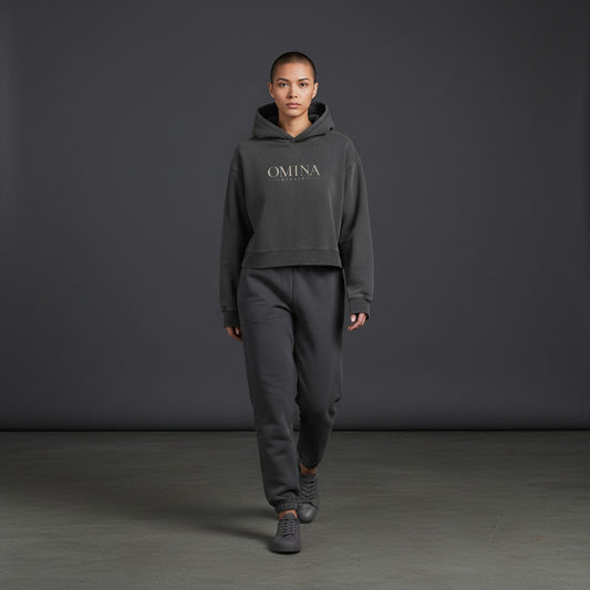 OMINA Studio charcoal grey vintage washed heavyweight cropped hoodie with oversized fit and drop shoulders.
