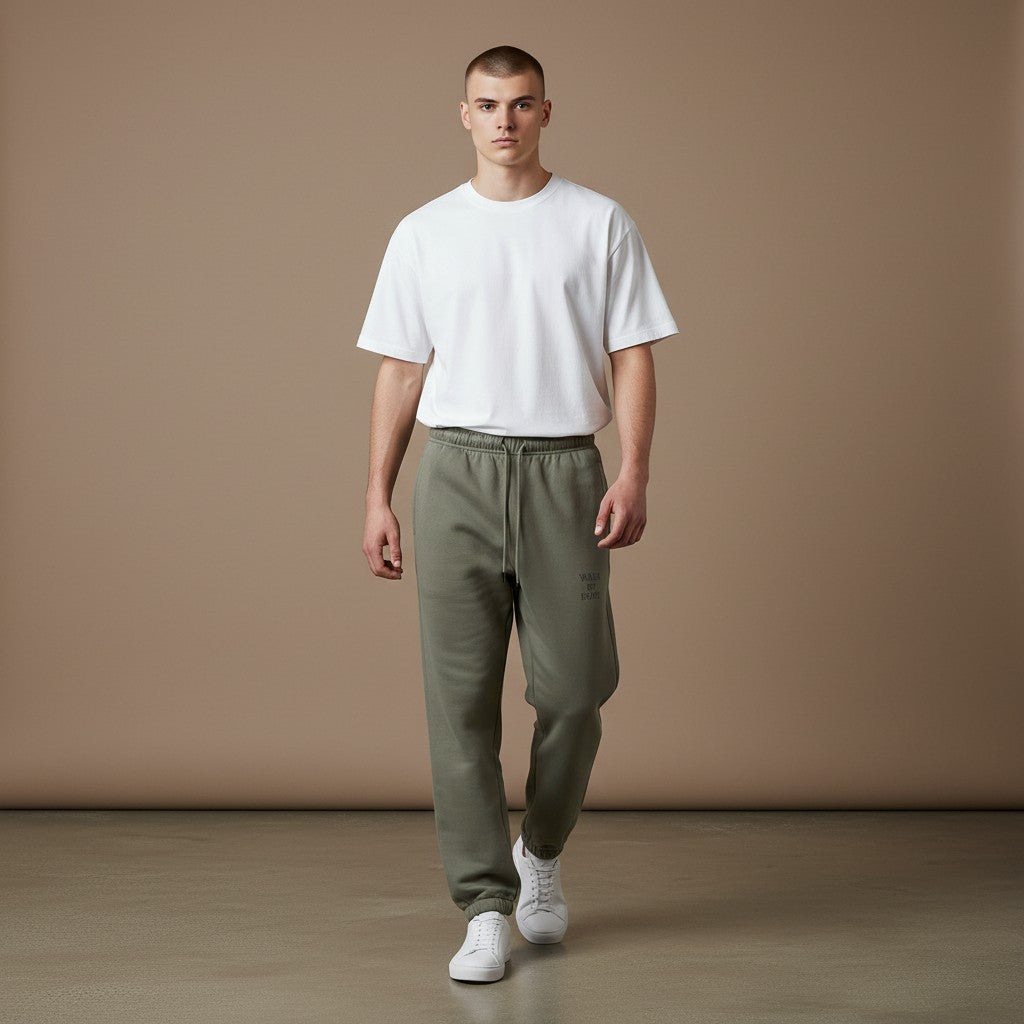Omina Studio olive green heavyweight cotton sweatpants with "Walk By Faith" graphic and tapered fit.