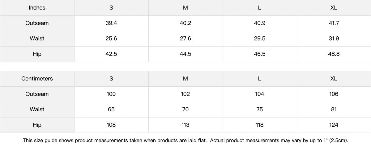 Omina Studio Walk By Faith sweatpants size chart with measurements in inches and centimeters.