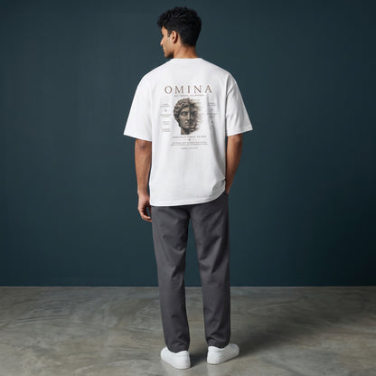 Omina Studio white 100% cotton oversized fit crew neck t-shirt with graphic print on back.