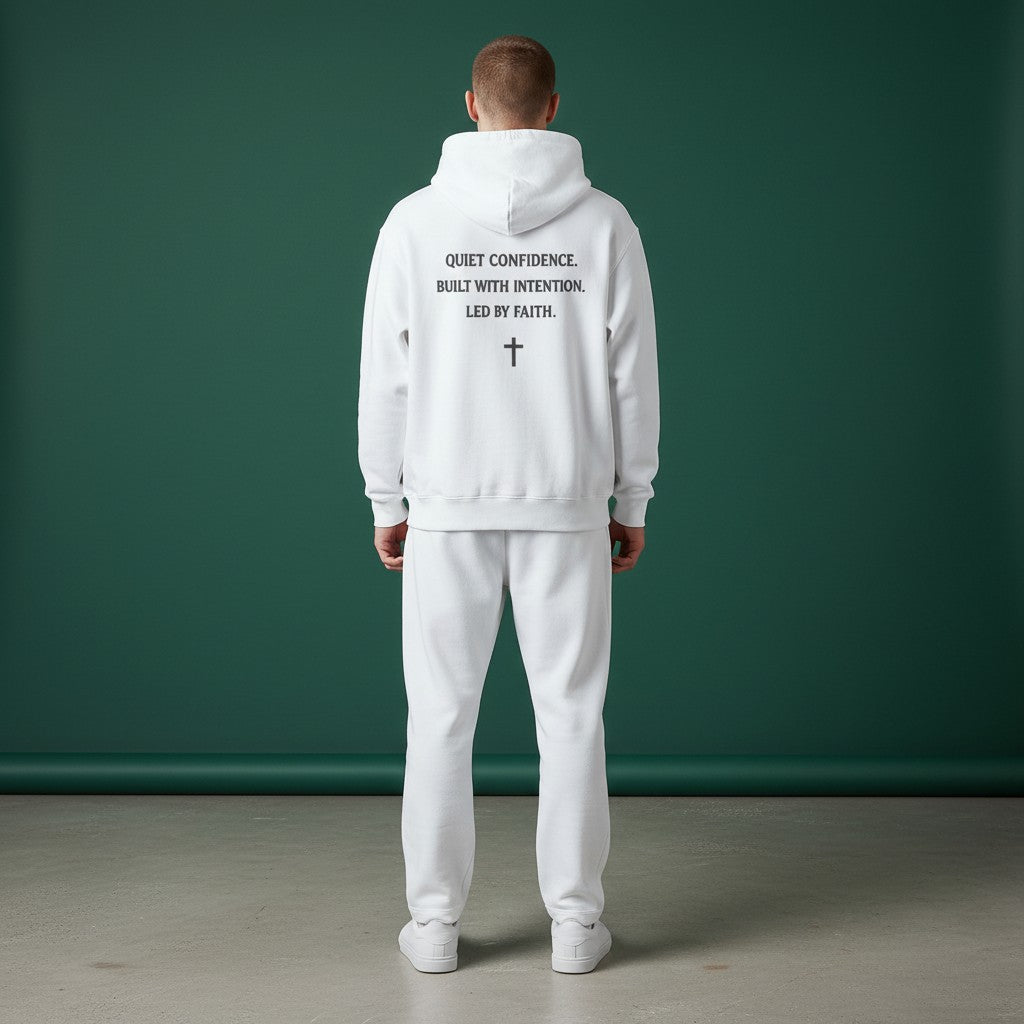 Omina Studio white heavyweight cotton pullover hoodie with "Quiet Confidence. Built With Intention. Led By Faith." graphic and a cross.