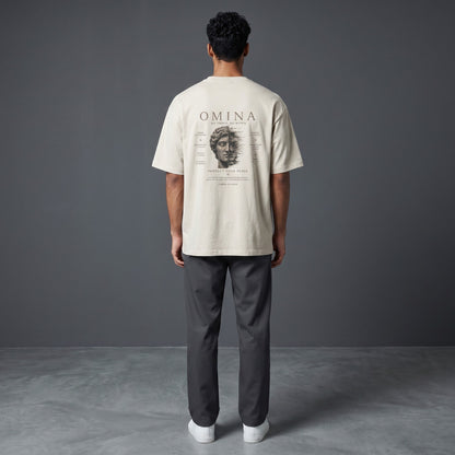 Omina Studio oversized fit crew neck t-shirt in light beige, 100% cotton with graphic print on back.