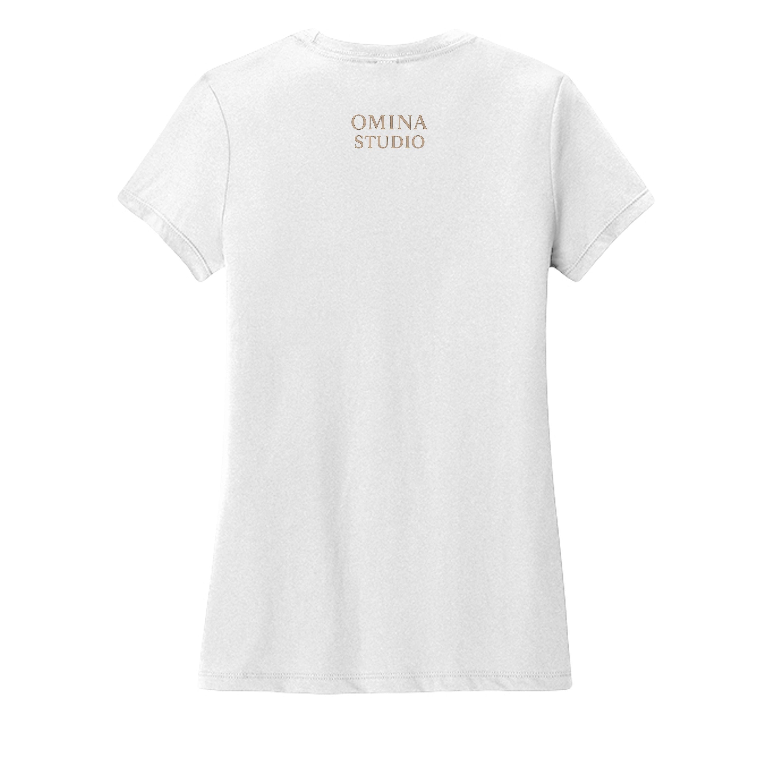 OMINA Studio white premium cotton t-shirt with crew neck and short sleeves, featuring a subtle logo on the back.