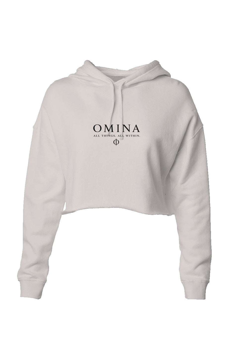Omina Studio white lightweight cropped hoodie with adjustable drawstring hood and raw hem. Features OMINA logo.