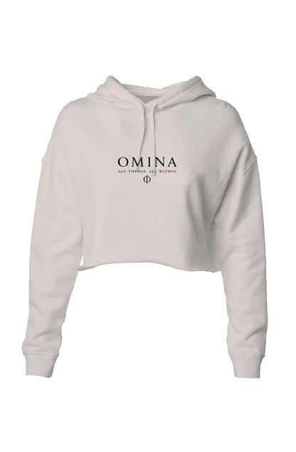 Omina Studio white lightweight cropped hoodie with adjustable drawstring hood and raw hem. Features OMINA logo.