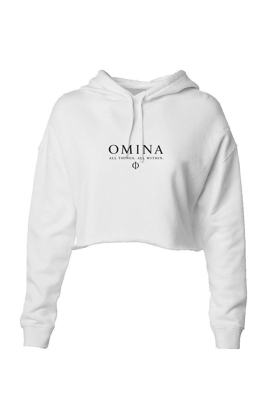 Omina Studio white lightweight cropped hoodie with adjustable drawstring hood and raw hem. Features Omina logo.