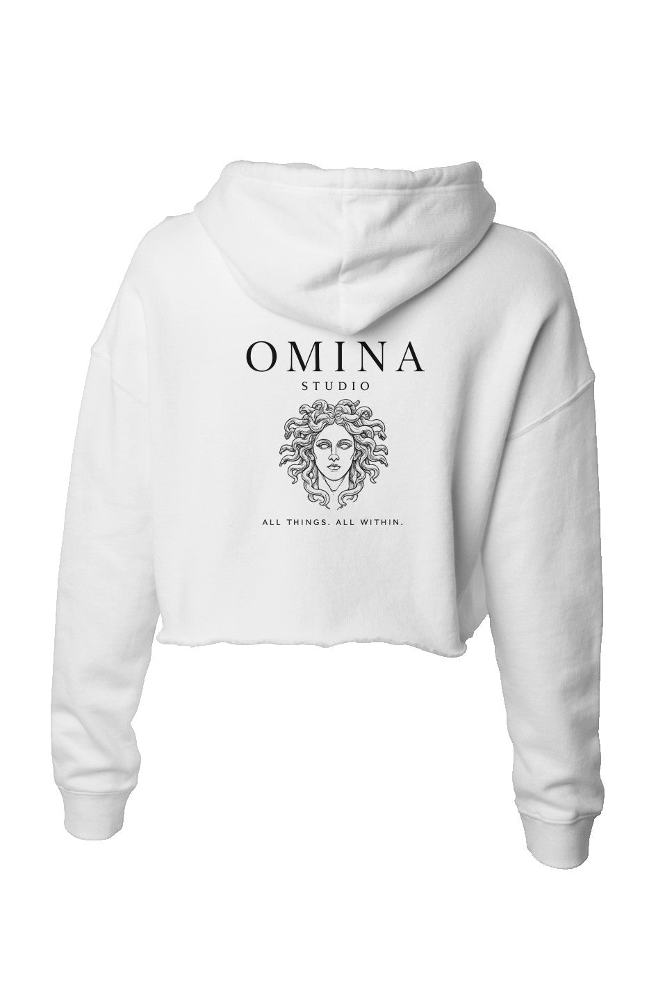 Omina Studio white lightweight cropped hoodie with adjustable drawstring hood and graphic print.