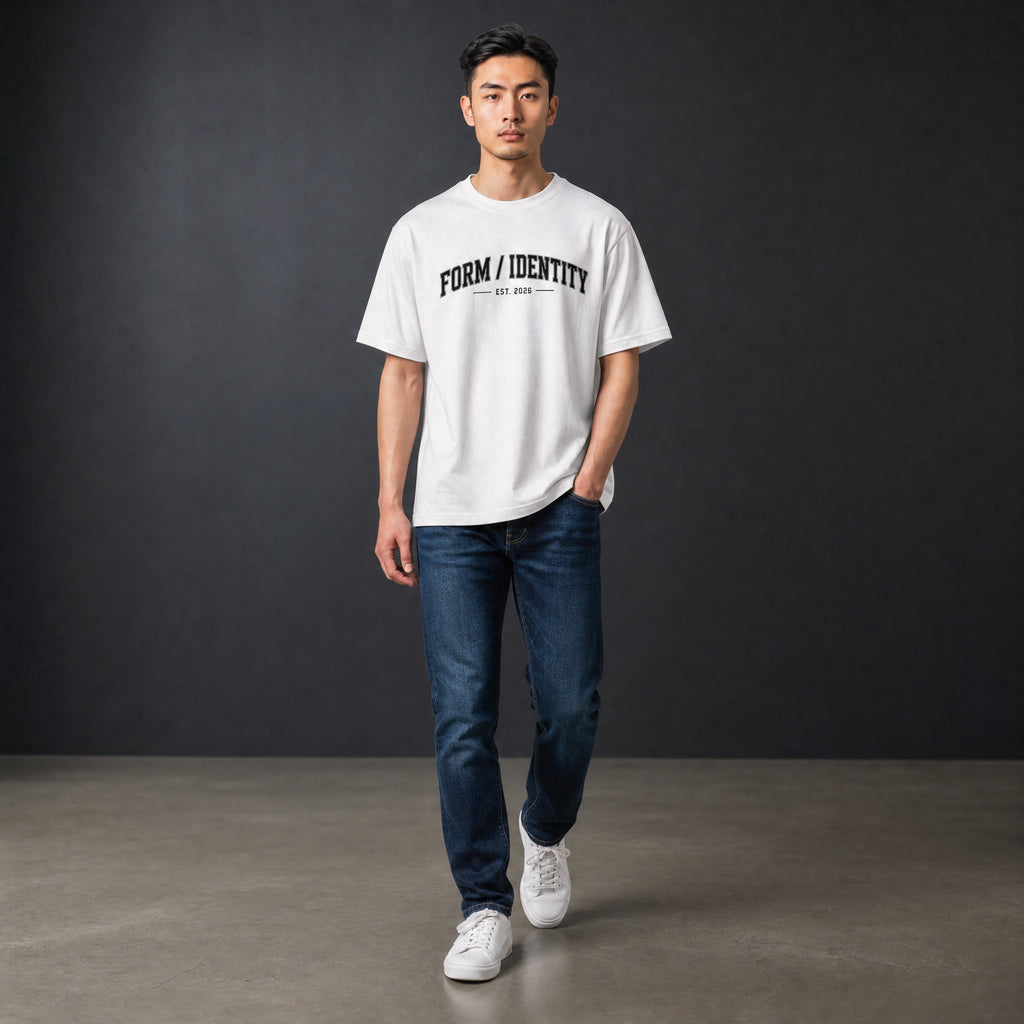 OMINA Studio white heavyweight cotton t-shirt with "FORM / IDENTITY EST. 2026" graphic on front.