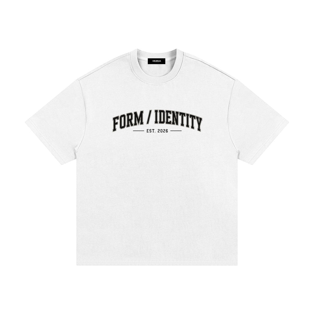 OMINA Studio white heavyweight cotton t-shirt with "FORM / IDENTITY EST. 2026" graphic on front. Oversized fit.