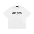 OMINA Studio white heavyweight cotton t-shirt with "FORM / IDENTITY EST. 2026" graphic on front. Oversized fit.