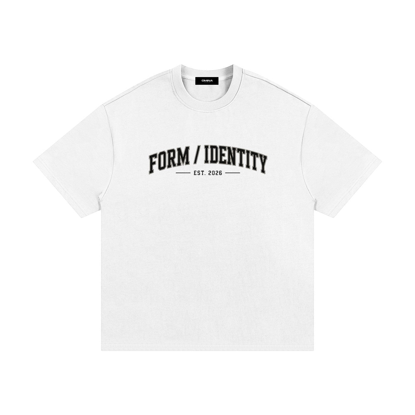 OMINA Studio white heavyweight cotton t-shirt with "FORM / IDENTITY EST. 2026" graphic on front. Oversized fit.