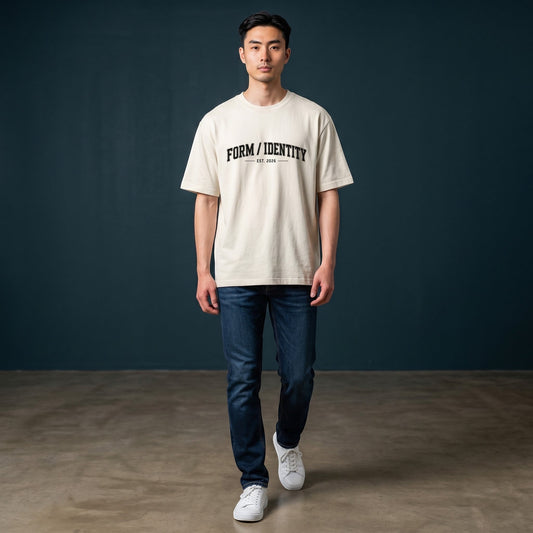 OMINA Studio white heavyweight cotton t-shirt with "FORM / IDENTITY EST. 2026" graphic on front. Oversized fit.