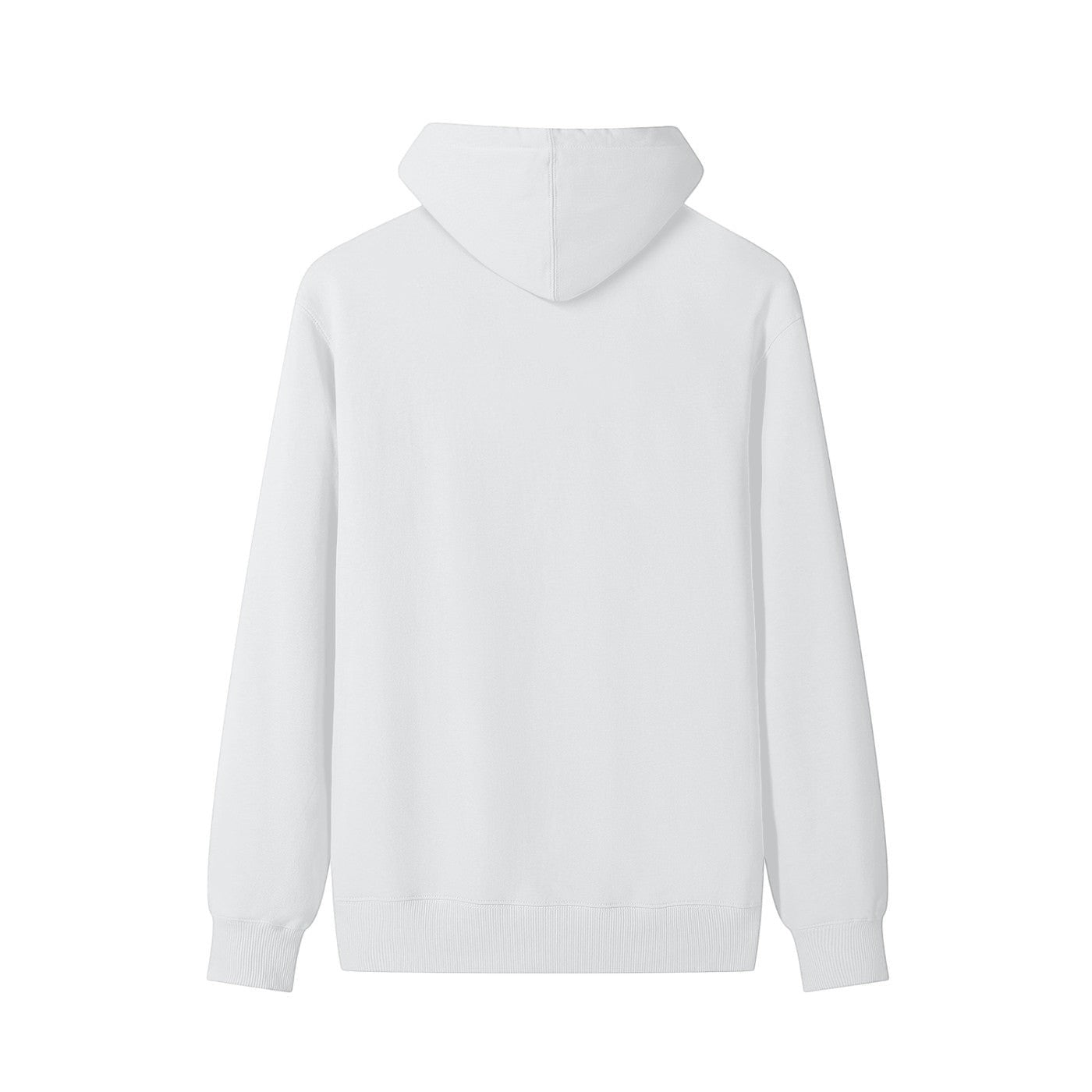 Omina Studio white heavyweight long sleeve hoodie with double-layer hood and ribbed cuffs.
