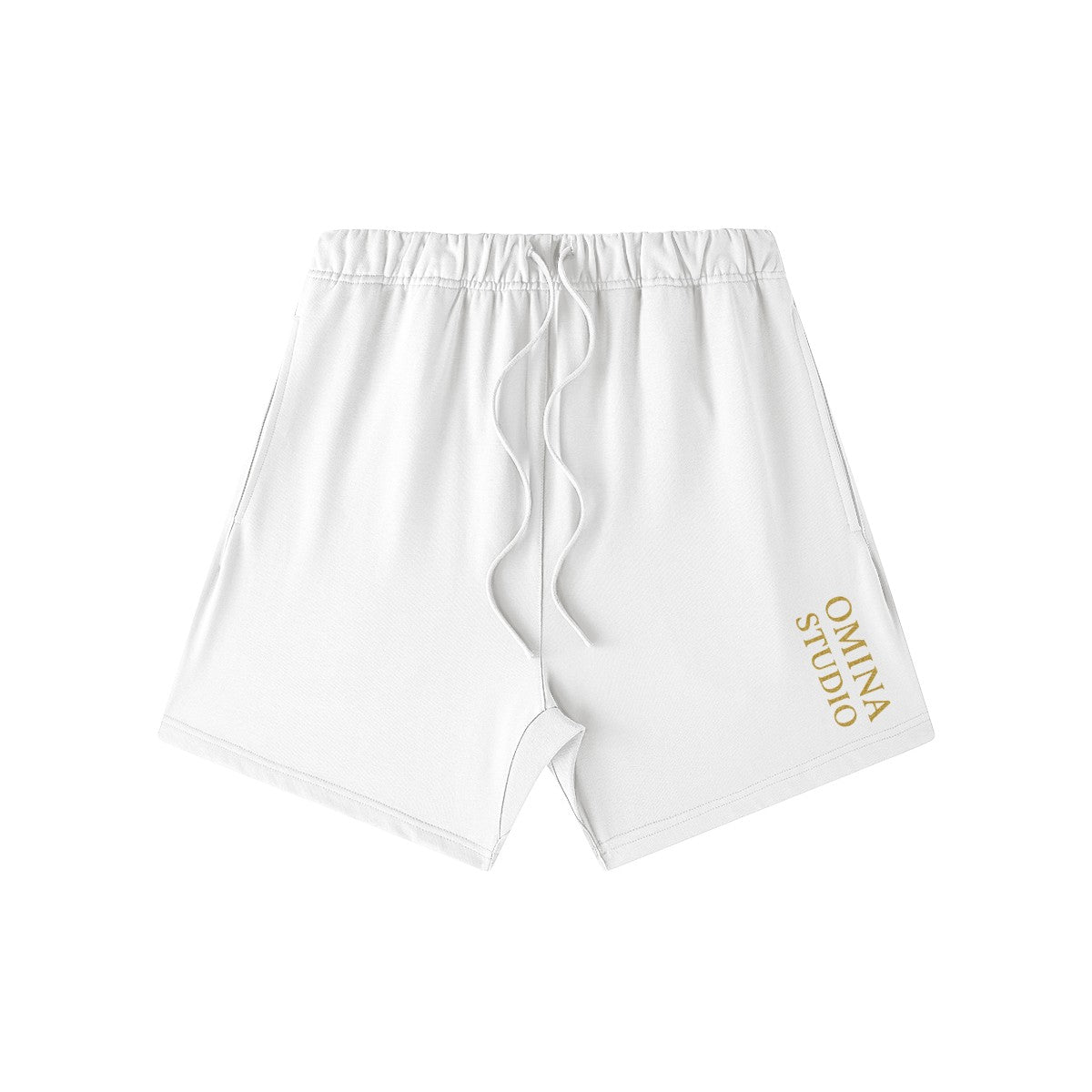 Omina Studio white heavyweight cotton French terry shorts with drawstring and gold logo detail